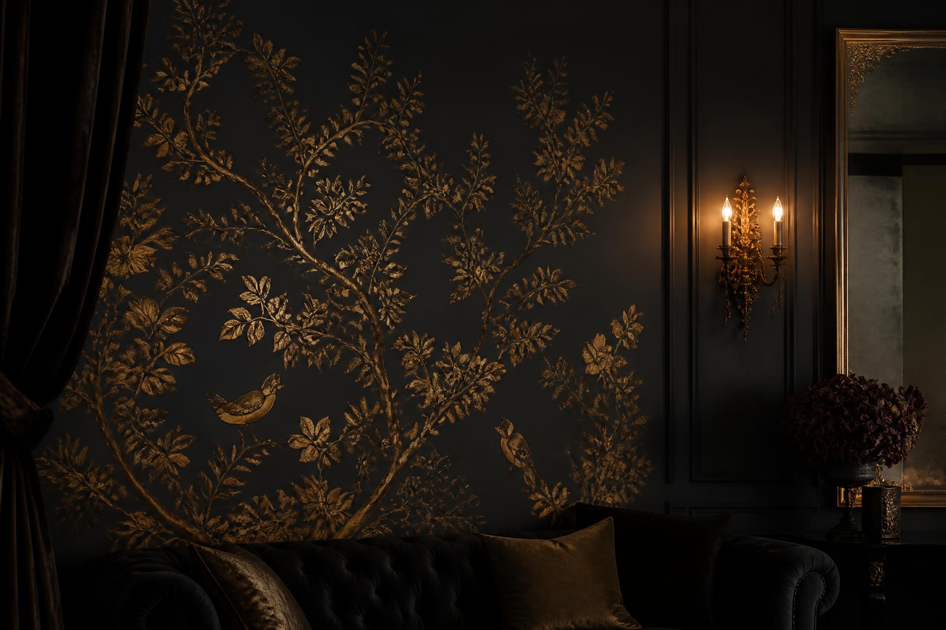 Gold botanical mural on a dark panelled interior wall