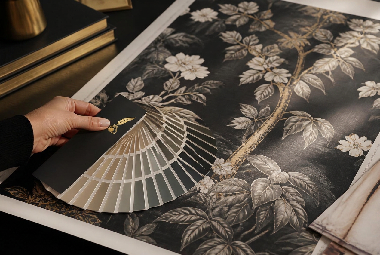 A fan deck of paint swatches held against a printed ink-and-gold wallpaper sample
