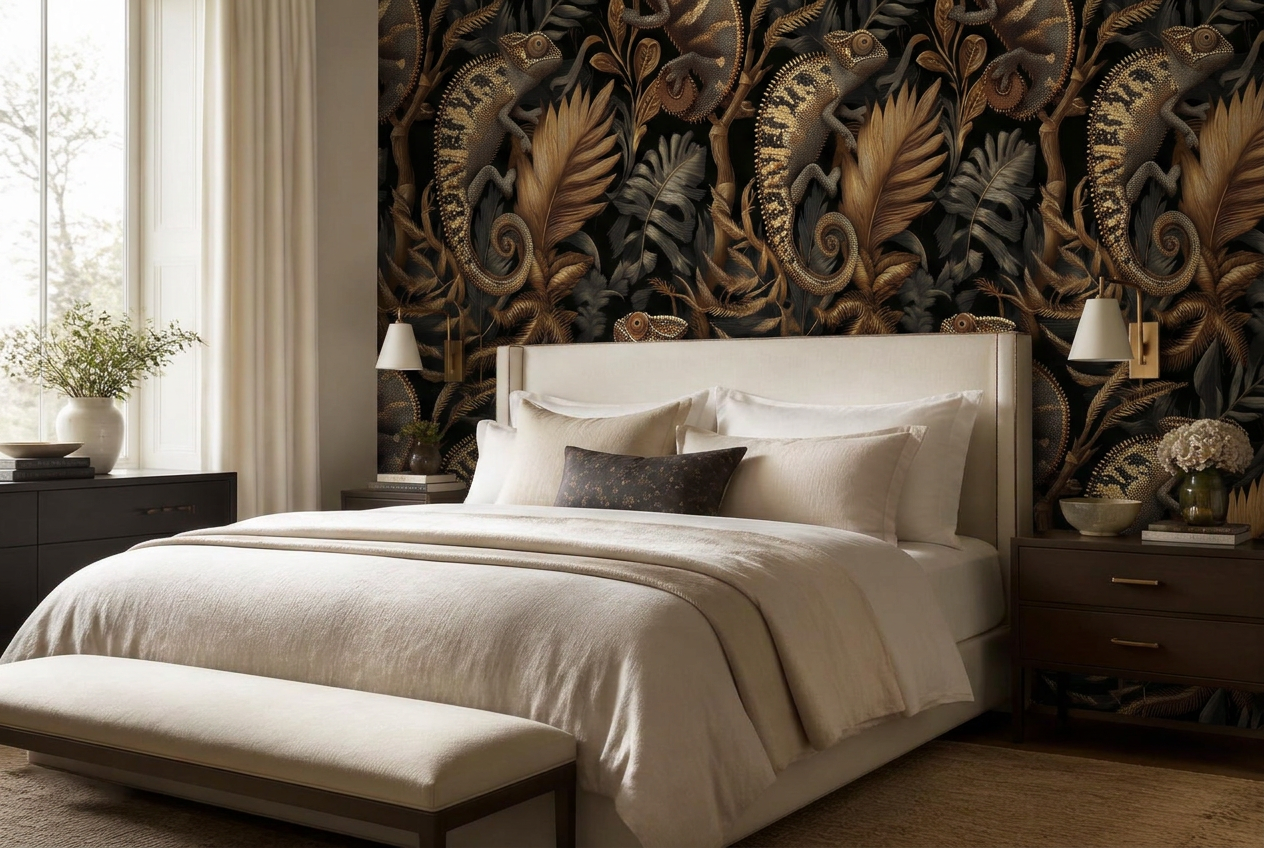 Bedroom feature wall in ink and gold botanical wallpaper behind a linen bed