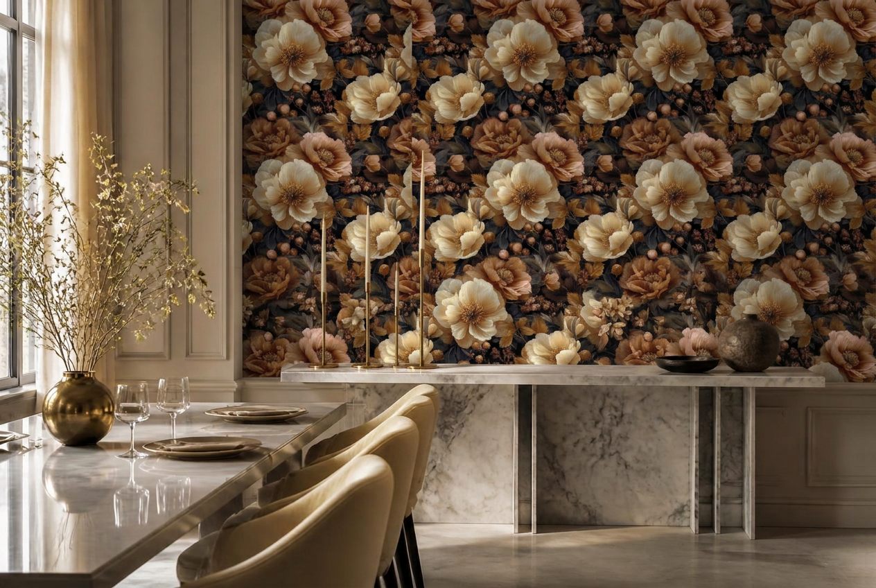Dining room with a full wall of cream and gold peony wallpaper